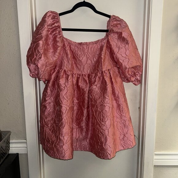 Akira Vivenne Puff Sleeve Pink Floral Rose Embroidered Mini Babydoll Dress Small - Picture 2 of 11